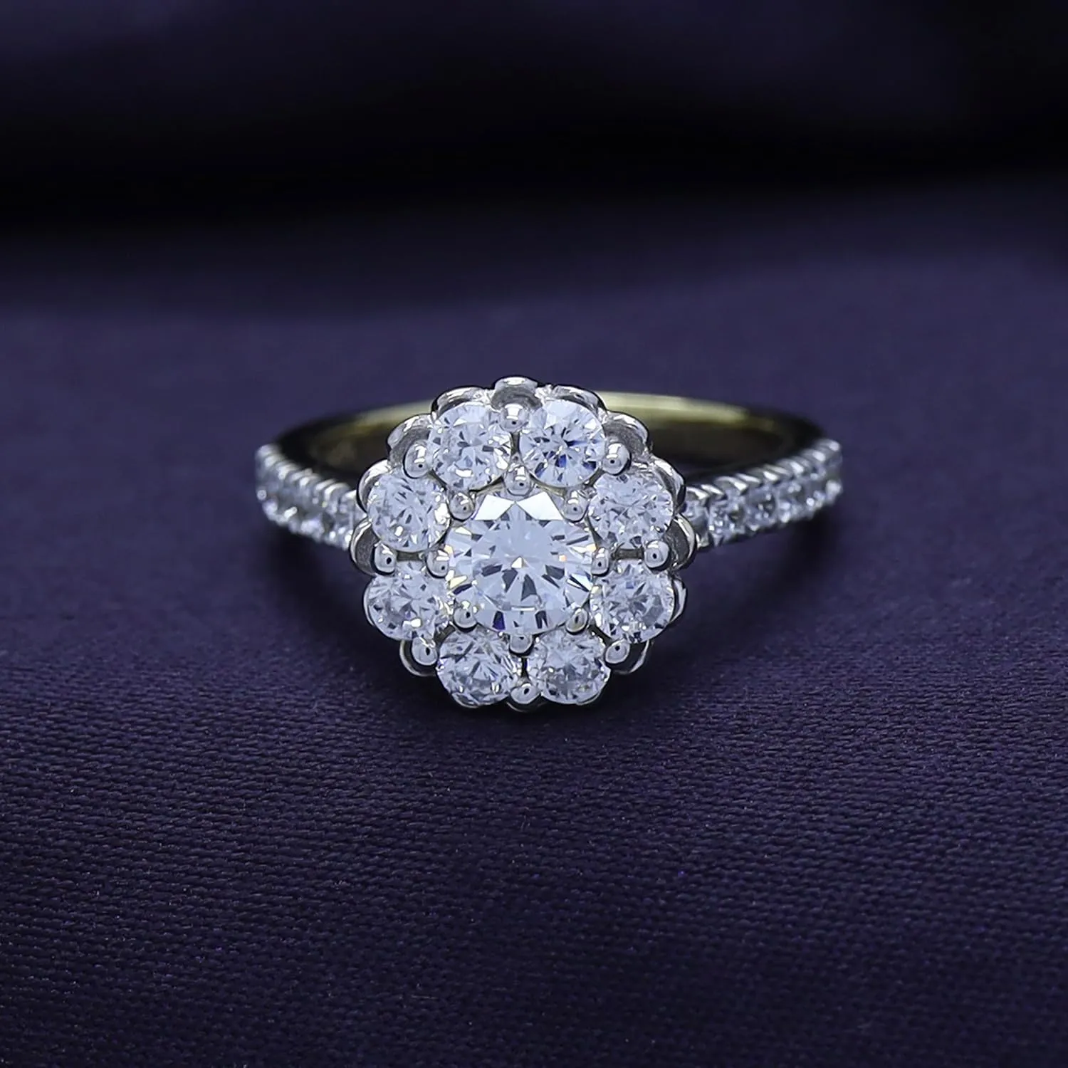 SAVEARTH DIAMONDS Floral Style, Round Cut Sparkling White Cubic Zirconia Cluster Bridal Engagement Promise Ring In 14k Gold Over Sterling Silver Jewelry For Women Gifts For Her