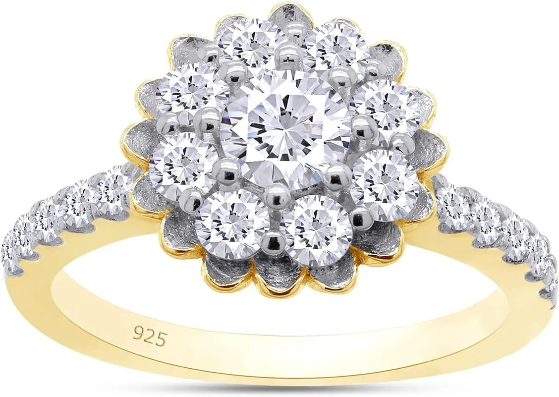 SAVEARTH DIAMONDS Floral Style, Round Cut Sparkling White Cubic Zirconia Cluster Bridal Engagement Promise Ring In 14k Gold Over Sterling Silver Jewelry For Women Gifts For Her