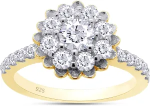 SAVEARTH DIAMONDS Floral Style, Round Cut Sparkling White Cubic Zirconia Cluster Bridal Engagement Promise Ring In 14k Gold Over Sterling Silver Jewelry For Women Gifts For Her