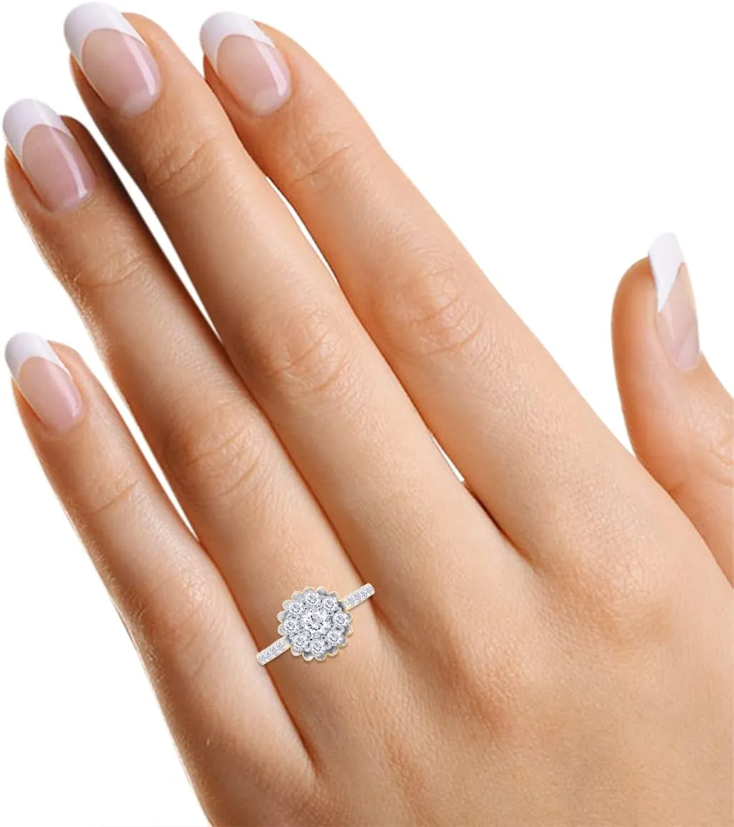 SAVEARTH DIAMONDS Floral Style, Round Cut Sparkling White Cubic Zirconia Cluster Bridal Engagement Promise Ring In 14k Gold Over Sterling Silver Jewelry For Women Gifts For Her