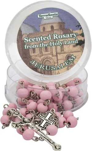 Scented Catholic Pink Wooden Rosary Prayer Beaded Jerusalem Cross Crucifix Christ Jesus Necklace for Auto Car for Men Women Religious Jewelry Pendant