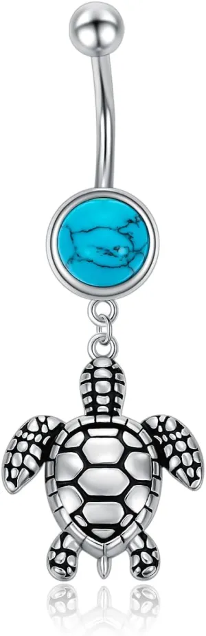 Sea Turtle Belly Button Ring 925 Sterling Silver Real Turquoise Turtle 14G Dangle Belly Ring Summer Beach Jewelry Gifts for Women