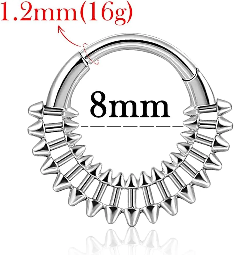 Septum rings hoops,1PCS Spike 16G/8mm Ring Multi-Cones Surgical Stainless Steel Nose Ring Hoop Jewelry Clicker Cartilage Earring Hinged Segment Daith Piercing