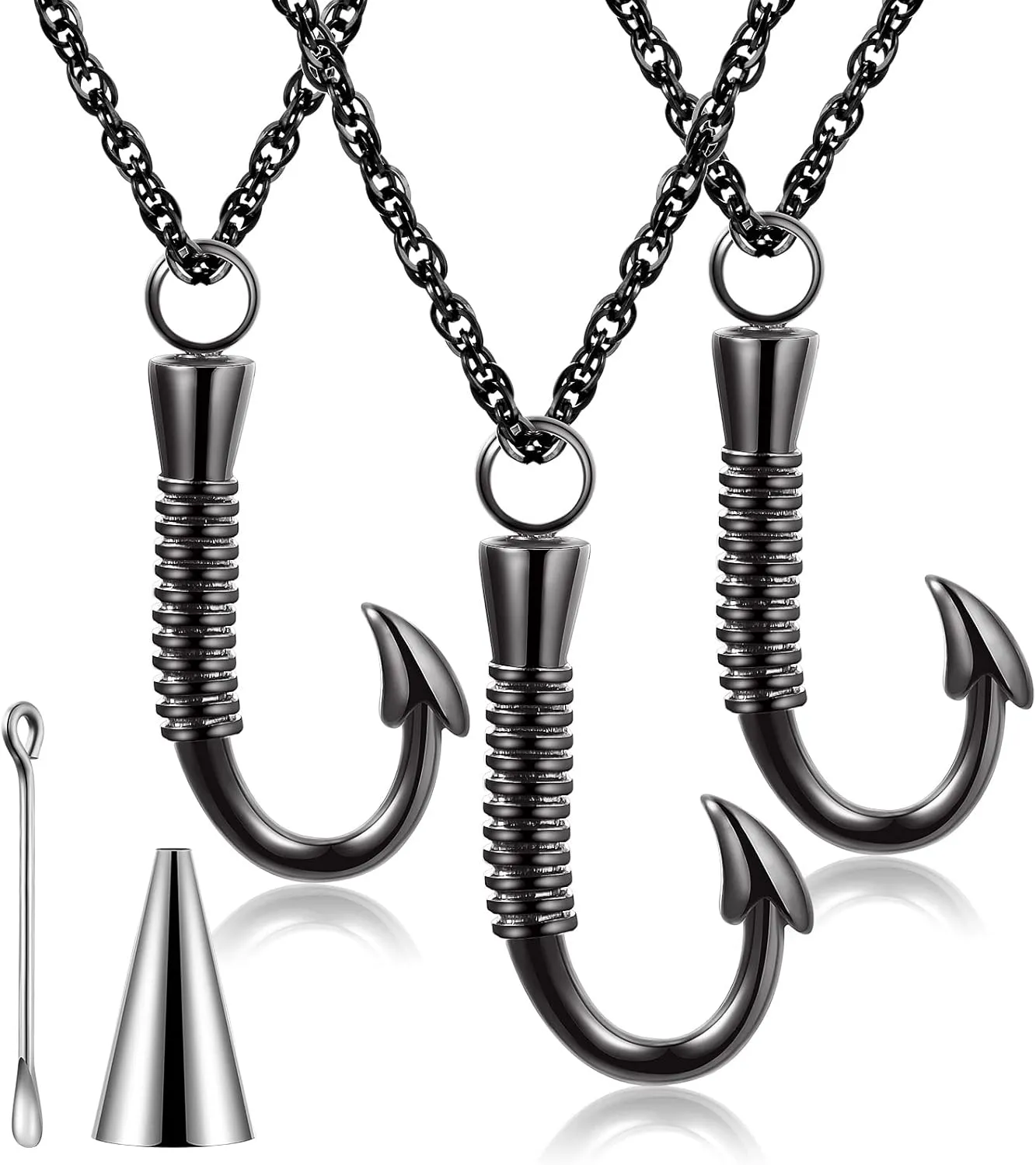 Set of 3 Fishing Hook Urn Necklace for Ashes Black Fish Hook Stainless Steel Cremation Jewelry Ash Keepsake Memorial Pendant for Men Father Day
