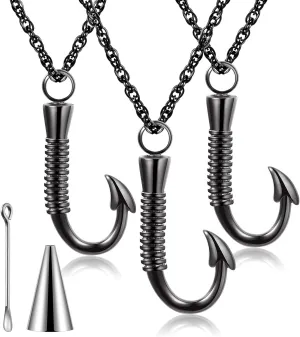 Set of 3 Fishing Hook Urn Necklace for Ashes Black Fish Hook Stainless Steel Cremation Jewelry Ash Keepsake Memorial Pendant for Men Father Day