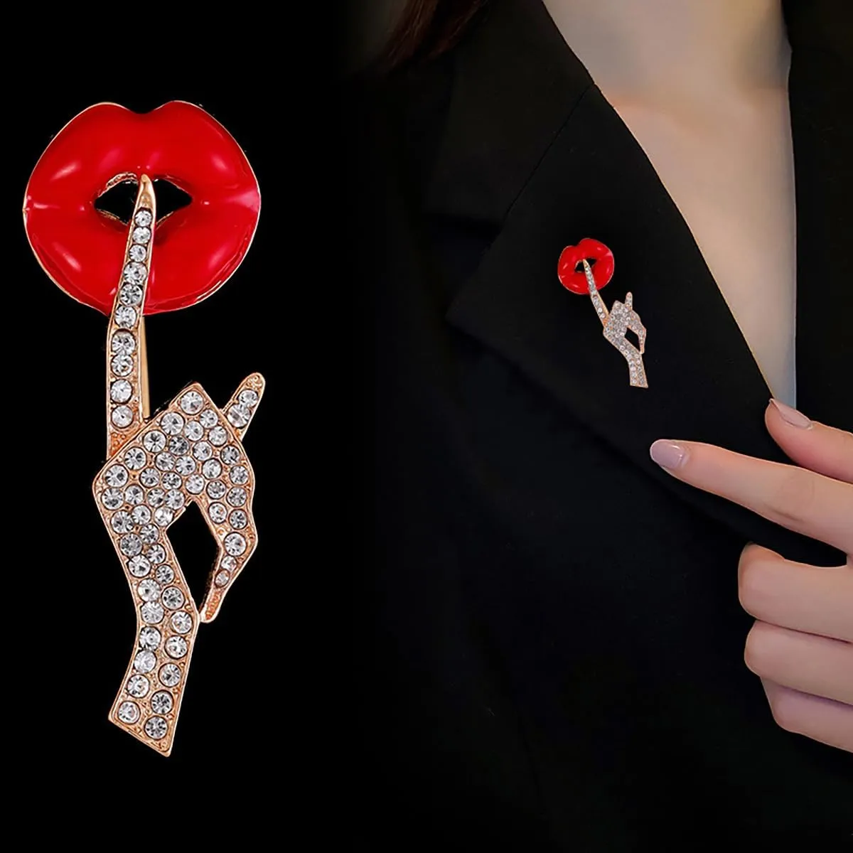 Sexy Red Lips Brooch for Women Rhinestone Lips Shape Brooch Pin Crystal Quiet Gestures Brooches Lapel Pins Elegant Clothing Hat Bag Accessories Christmas Birthday Party Valetine's Day Costume Jewelry