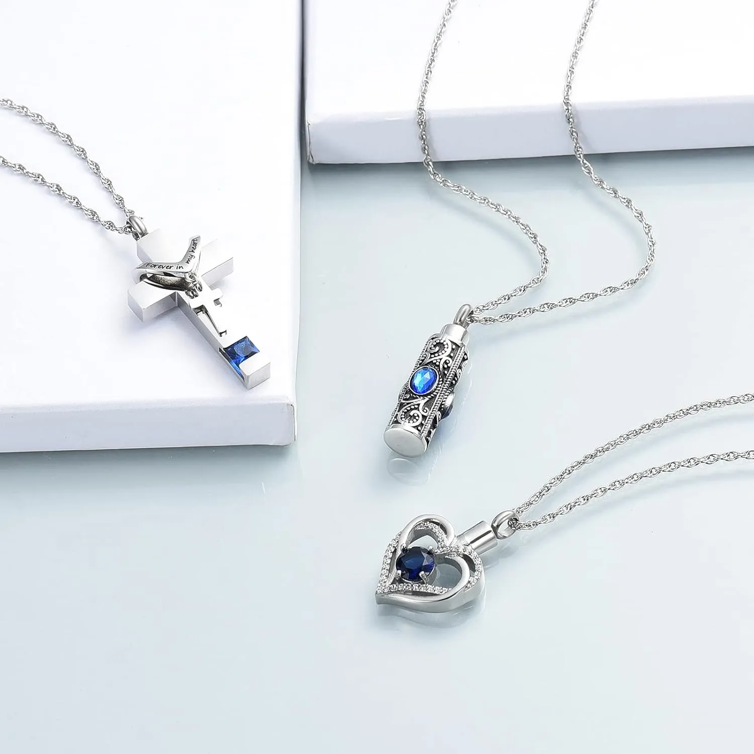 shajwo 3 Pack Urn Necklace for Ashes for Women Gilrs Heart Cross Cylinder Cremation Jewelry for Ashes Memorial Keepsake Birthstone Pendant