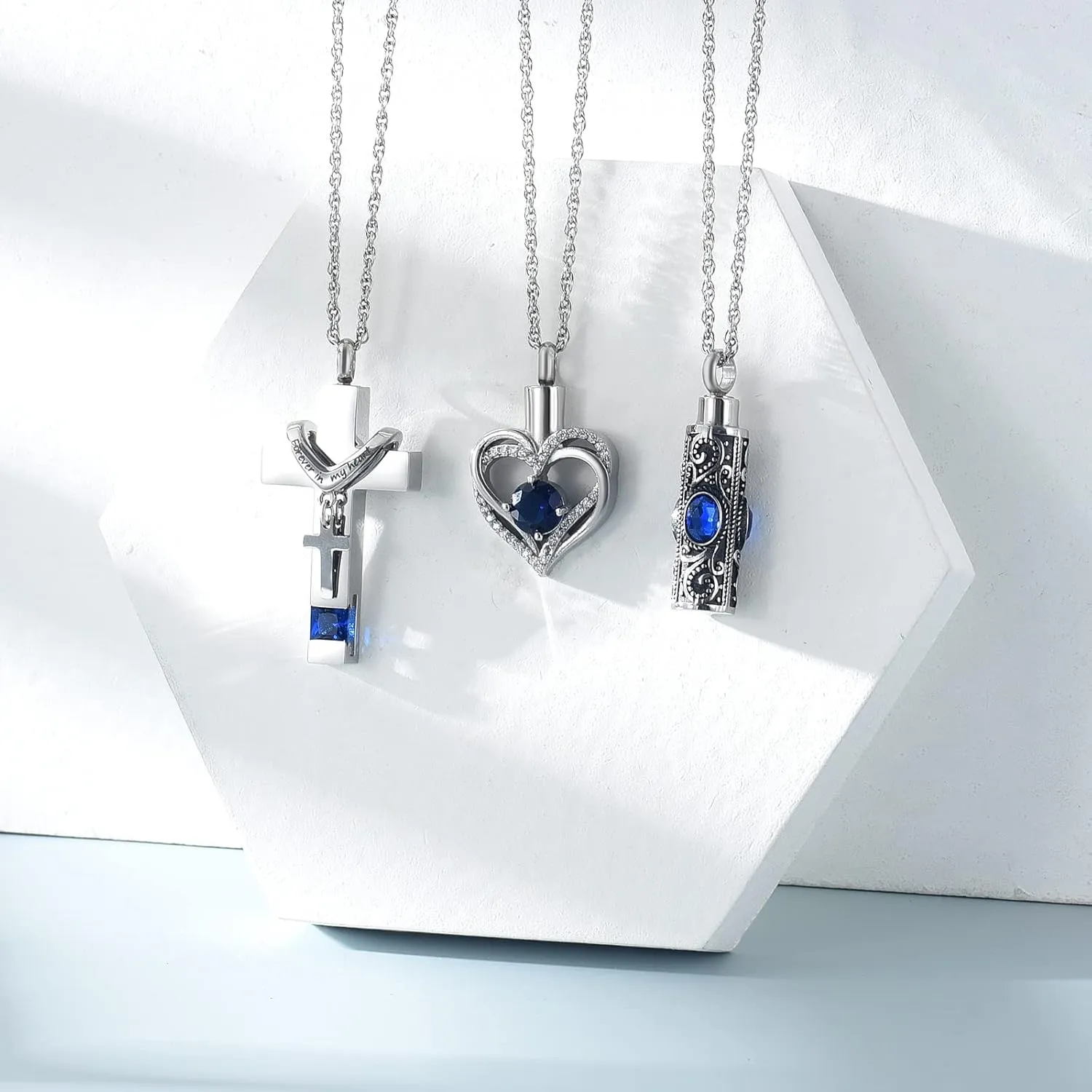 shajwo 3 Pack Urn Necklace for Ashes for Women Gilrs Heart Cross Cylinder Cremation Jewelry for Ashes Memorial Keepsake Birthstone Pendant