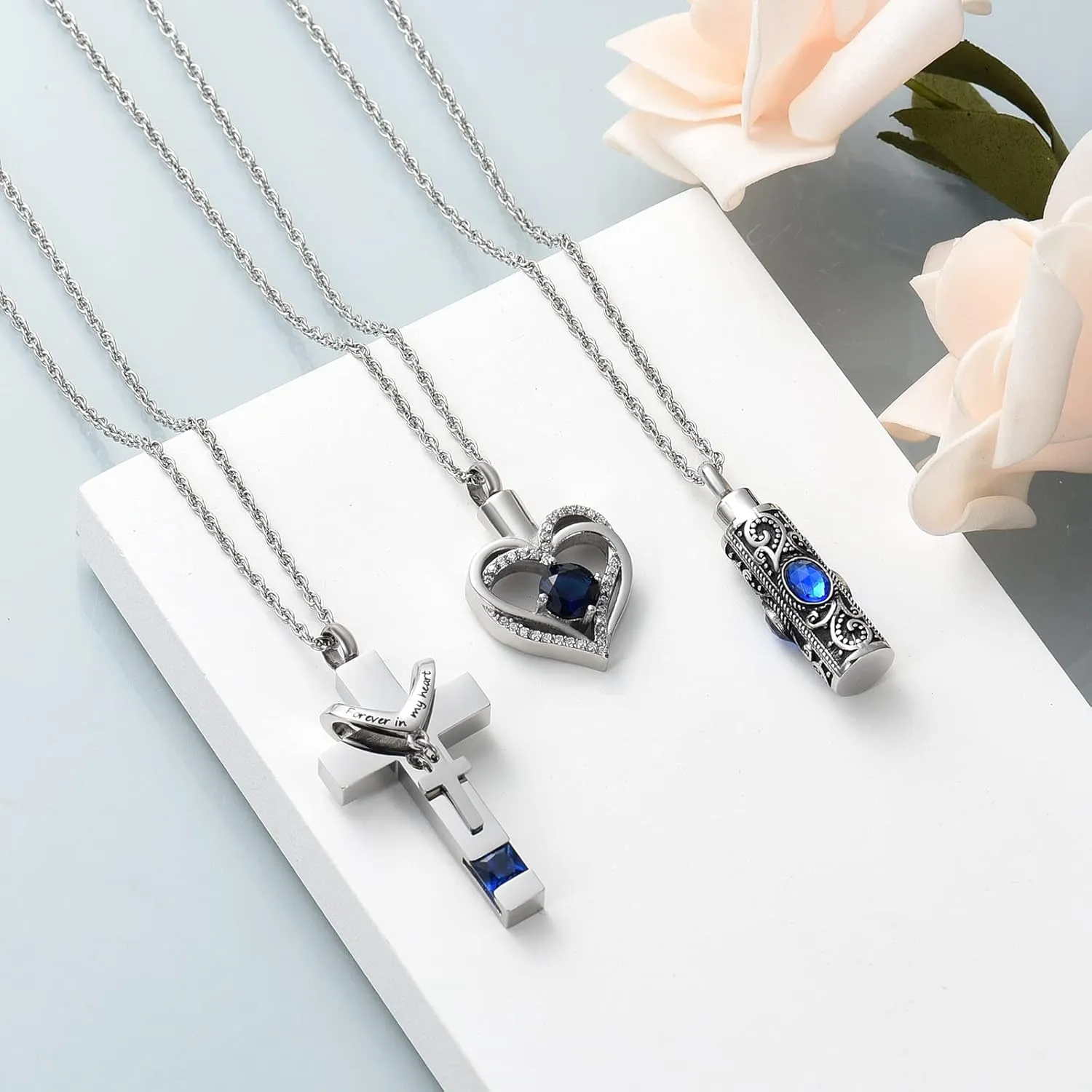 shajwo 3 Pack Urn Necklace for Ashes for Women Gilrs Heart Cross Cylinder Cremation Jewelry for Ashes Memorial Keepsake Birthstone Pendant