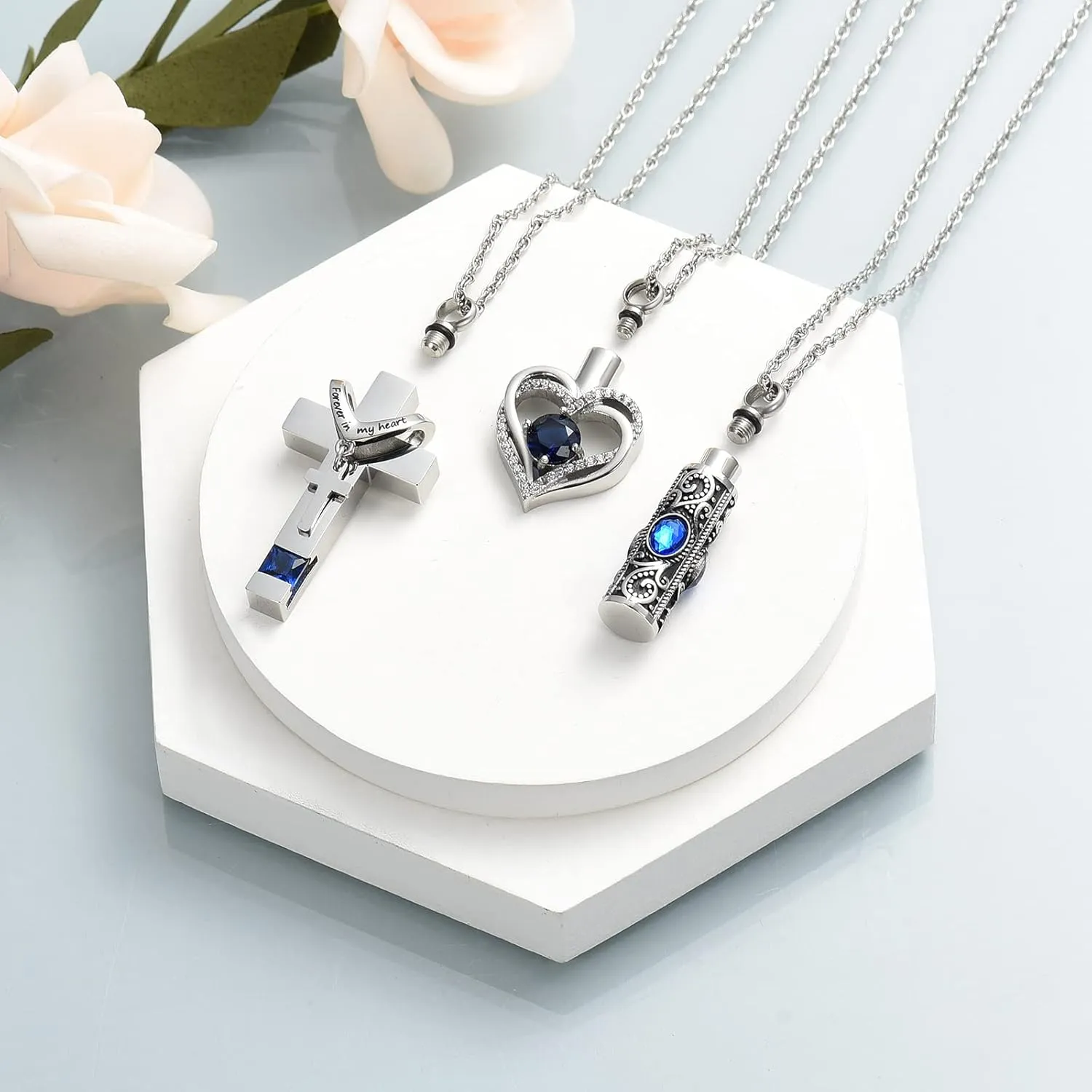 shajwo 3 Pack Urn Necklace for Ashes for Women Gilrs Heart Cross Cylinder Cremation Jewelry for Ashes Memorial Keepsake Birthstone Pendant