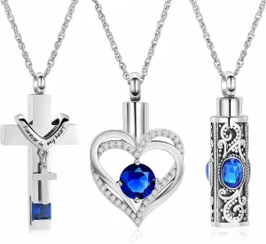 shajwo 3 Pack Urn Necklace for Ashes for Women Gilrs Heart Cross Cylinder Cremation Jewelry for Ashes Memorial Keepsake Birthstone Pendant