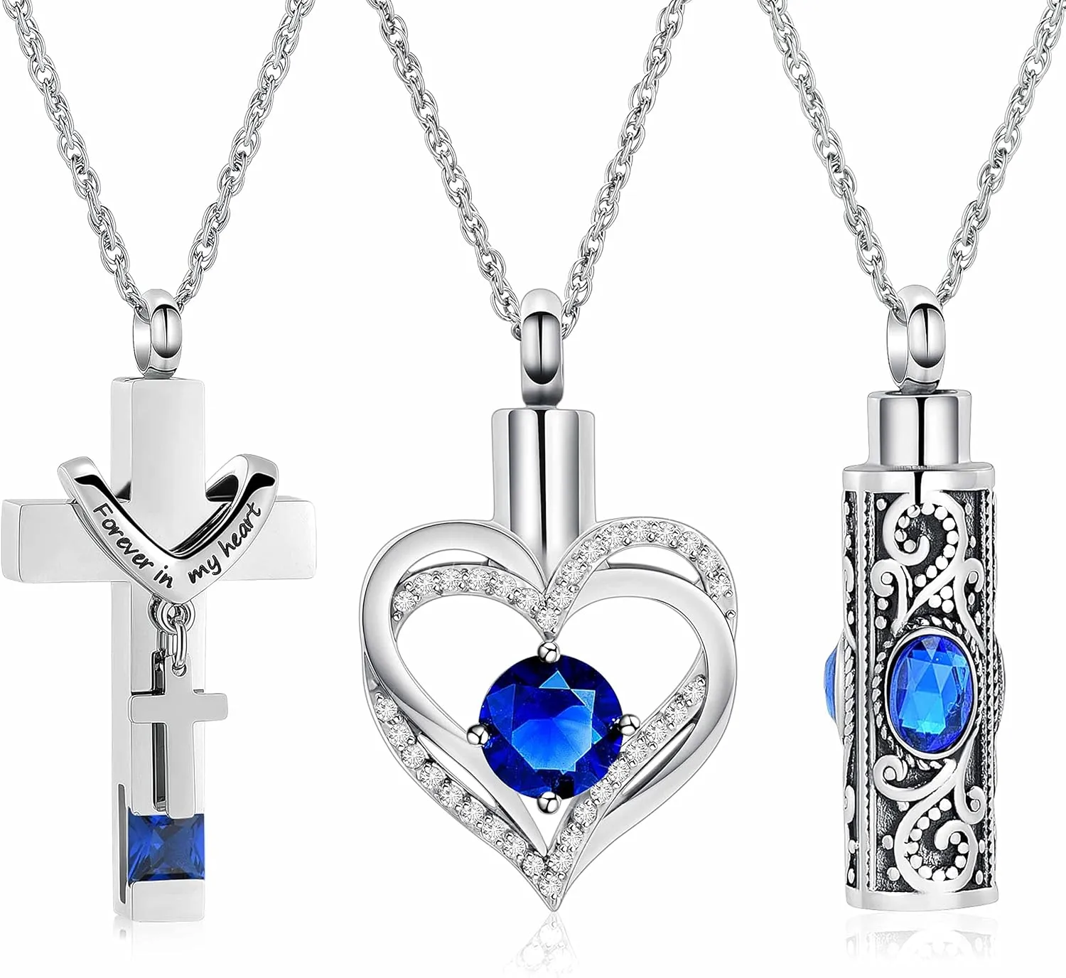 shajwo 3 Pack Urn Necklace for Ashes for Women Gilrs Heart Cross Cylinder Cremation Jewelry for Ashes Memorial Keepsake Birthstone Pendant