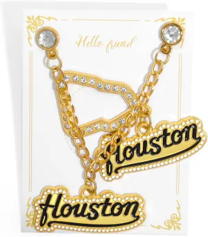 Shining Houston Letter Hat Pins with Sparkling Diamond Brooch, Baseball Hat Pin with Chain and Hanging Brooch for Decoration Gift