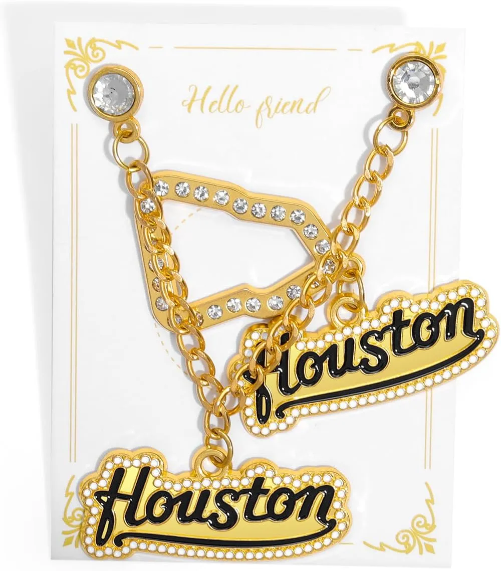 Shining Houston Letter Hat Pins with Sparkling Diamond Brooch, Baseball Hat Pin with Chain and Hanging Brooch for Decoration Gift
