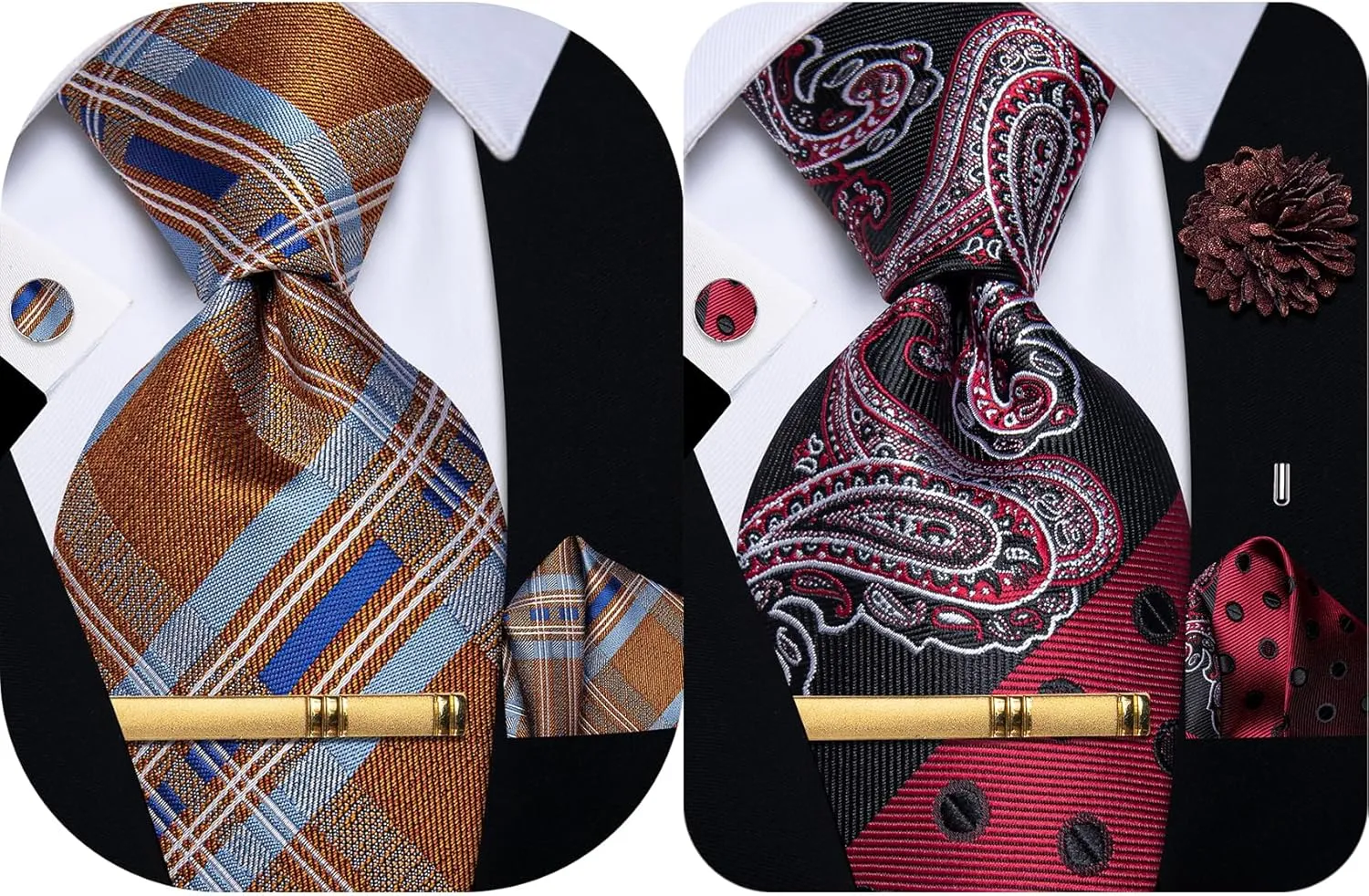 Silk Ties for Men Paisley Floral Striped Necktie and Pocket Square Cufflinks Tie Clip Set