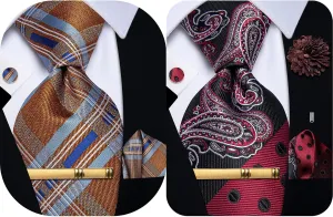 Silk Ties for Men Paisley Floral Striped Necktie and Pocket Square Cufflinks Tie Clip Set