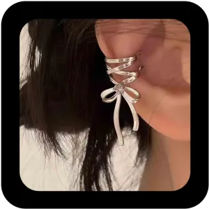 Silver Bow Ear Cuff Earrings Bow Ribbon Dangle Cuff Earrings Bowknot No Piercing Cuff Earrings Wrapped Ribbon Bow Ear Cuff Earrings Bow Cartilage Cuff Earrings Jewelry for Women