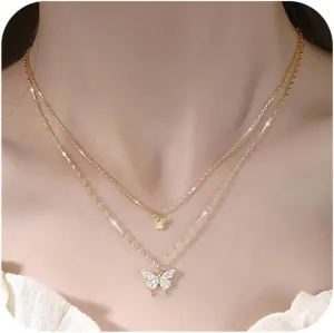 Silver Butterfly Necklace for Women Bohemian Butterfly Pendant Necklace Layered Gold Butterfly Choker Necklace Butterfly Jewelry