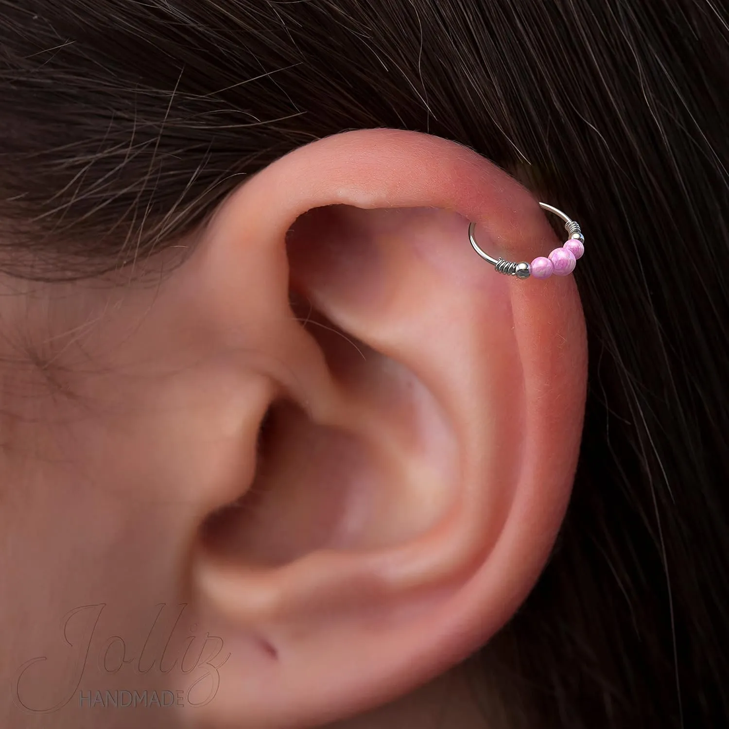 Silver cartilage earring Opal jewelry  925 Sterling Silver Helix Piercing Ring For Woman  24G 8mm Ring 3mm   2x 2mm Pink Opal  Cute GIFT For Birthday Mother's Day anniversary