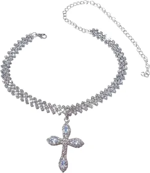 Silver cross Cuban Link Chain Necklace for Women hinestone cross pendant necklace and silver religious necklace