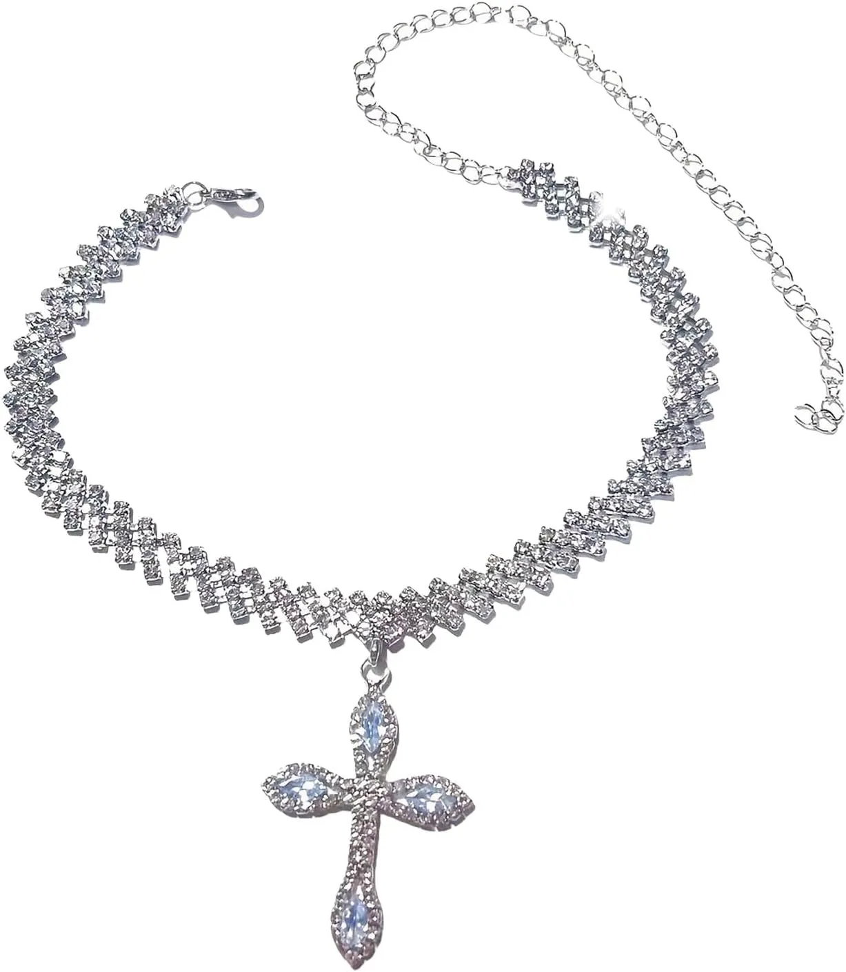 Silver cross Cuban Link Chain Necklace for Women hinestone cross pendant necklace and silver religious necklace