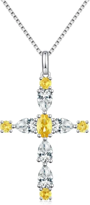 Silver Cross Necklace Sterling Silver Cross Pendant with Sparkling 12 Birthstone Color CZ Vintage Baroque Christian Jewelry