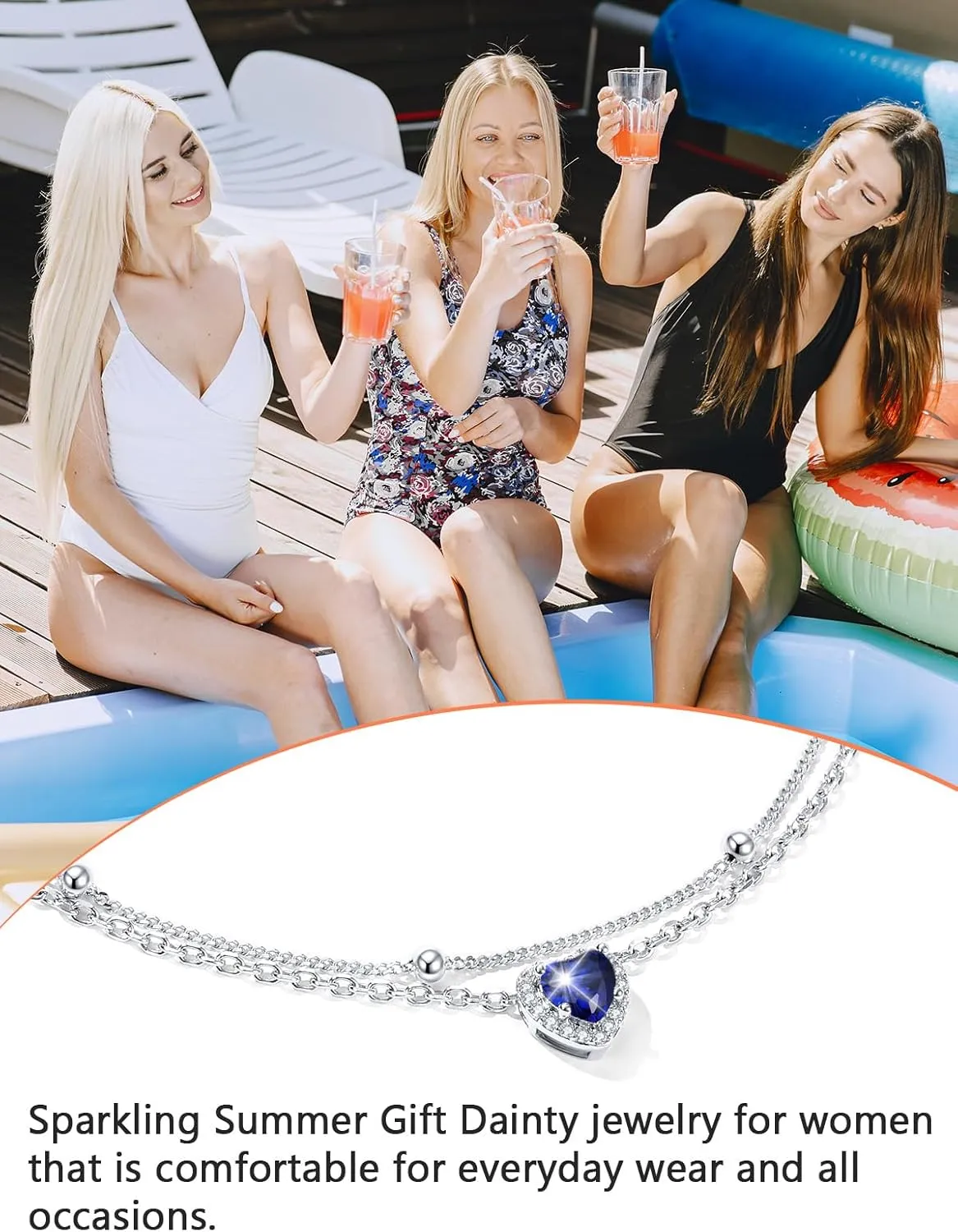 Silvora 925 Sterling Silver Birthstone Ankle Bracelet for Women - Adjustable Double-Layer Sparkling Heart Zircon Anklet Beach Jewelry for Summer