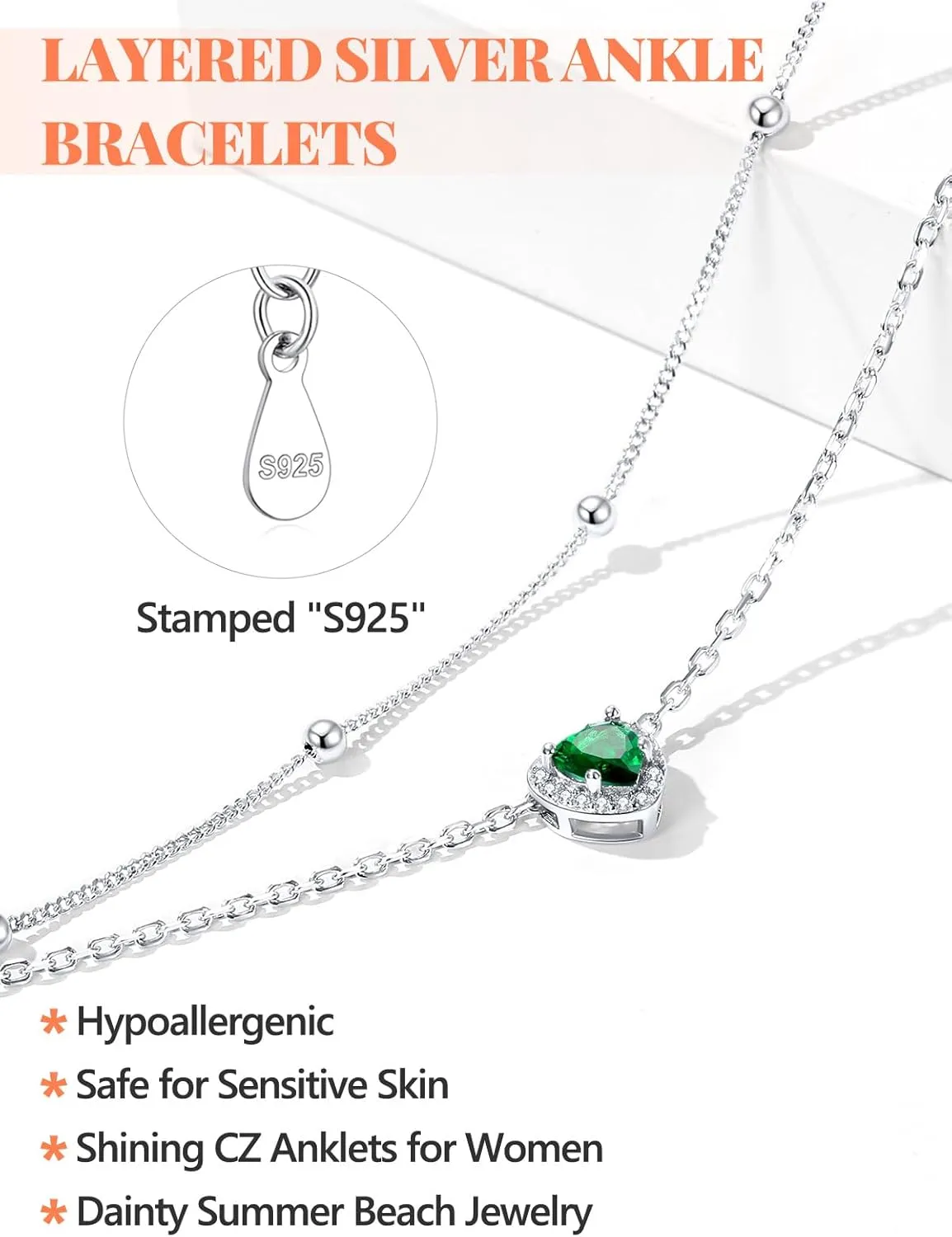 Silvora 925 Sterling Silver Birthstone Ankle Bracelet for Women - Adjustable Double-Layer Sparkling Heart Zircon Anklet Beach Jewelry for Summer