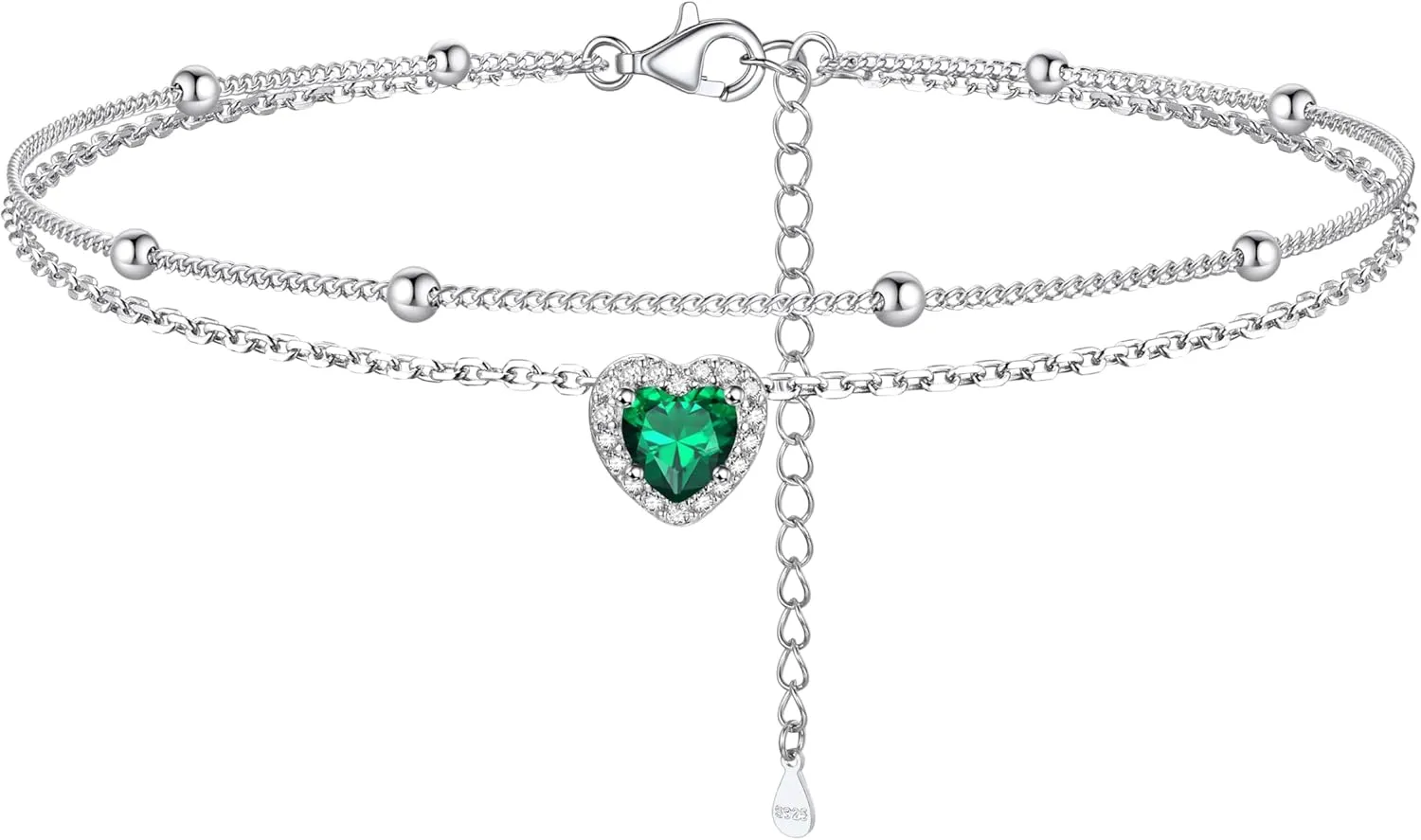 Silvora 925 Sterling Silver Birthstone Ankle Bracelet for Women - Adjustable Double-Layer Sparkling Heart Zircon Anklet Beach Jewelry for Summer