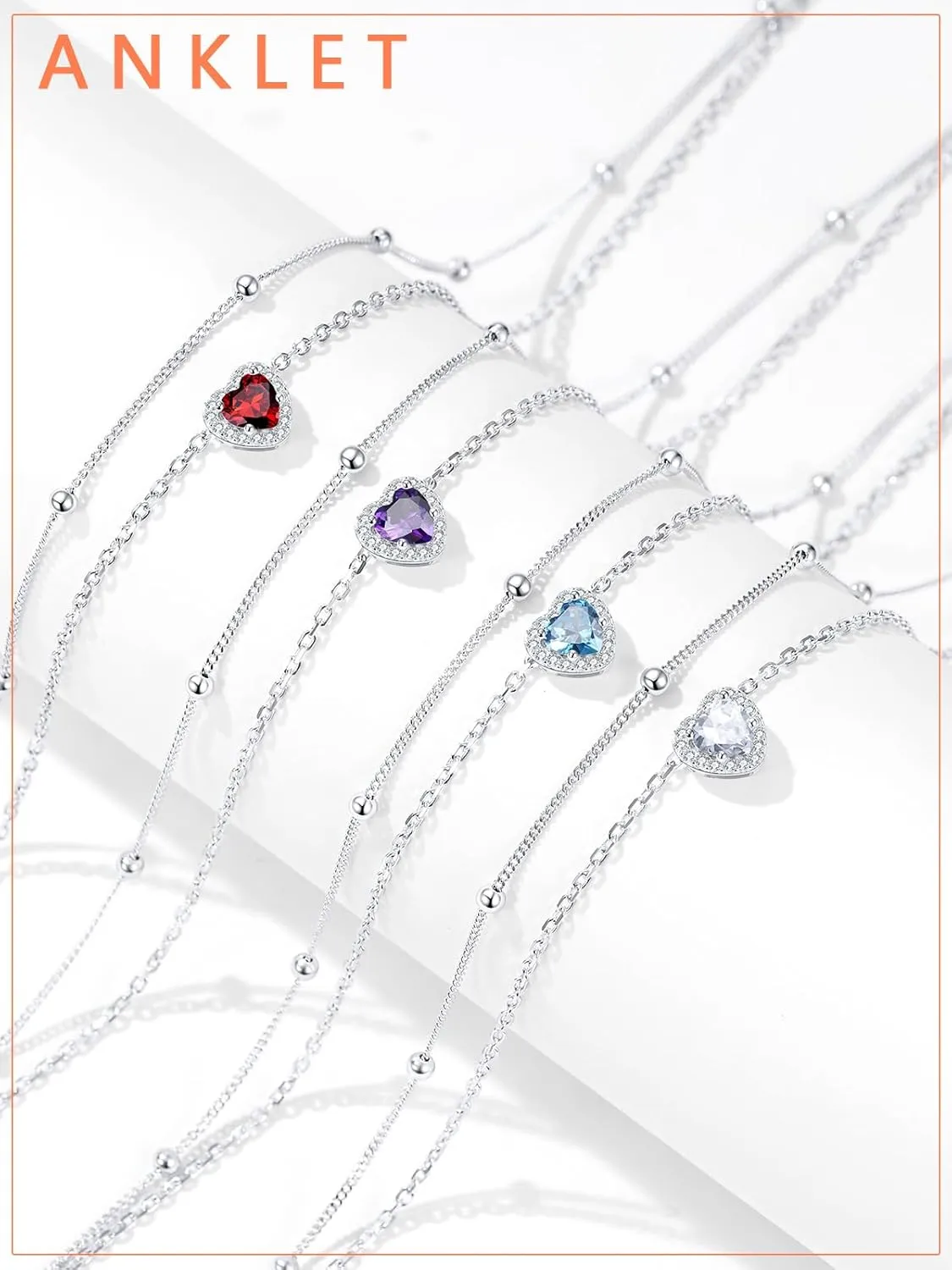 Silvora 925 Sterling Silver Birthstone Ankle Bracelet for Women - Adjustable Double-Layer Sparkling Heart Zircon Anklet Beach Jewelry for Summer