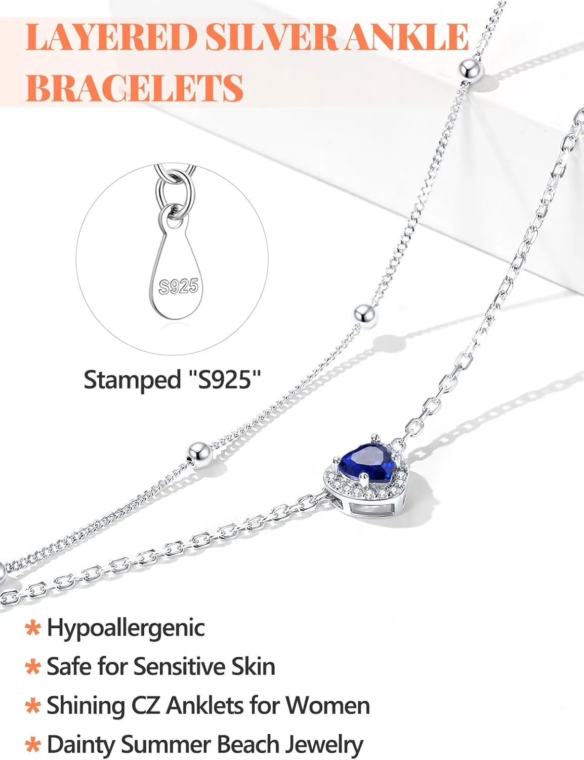 Silvora 925 Sterling Silver Birthstone Ankle Bracelet for Women - Adjustable Double-Layer Sparkling Heart Zircon Anklet Beach Jewelry for Summer