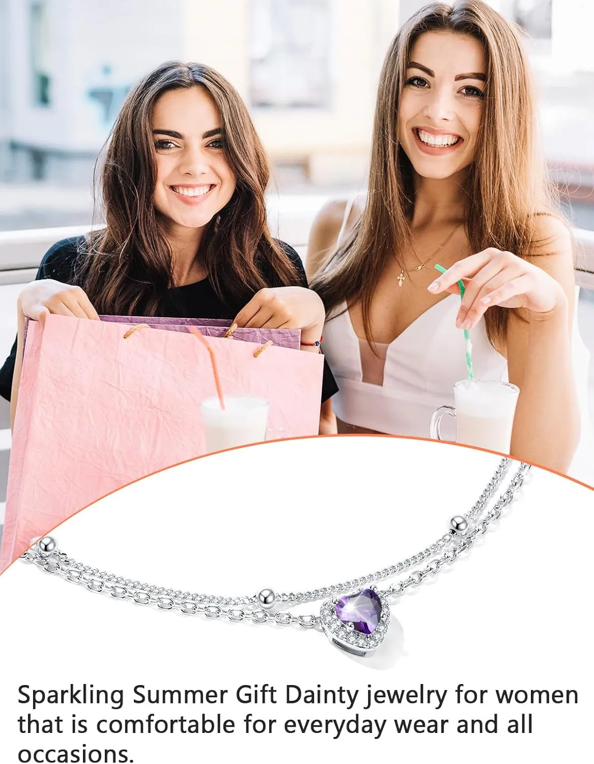 Silvora 925 Sterling Silver Birthstone Ankle Bracelet for Women - Adjustable Double-Layer Sparkling Heart Zircon Anklet Beach Jewelry for Summer