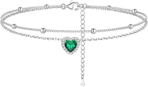 Silvora 925 Sterling Silver Birthstone Ankle Bracelet for Women - Adjustable Double-Layer Sparkling Heart Zircon Anklet Beach Jewelry for Summer