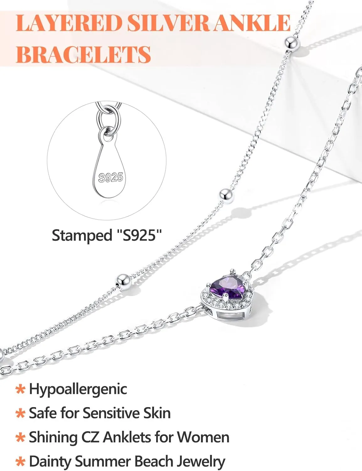 Silvora 925 Sterling Silver Birthstone Ankle Bracelet for Women - Adjustable Double-Layer Sparkling Heart Zircon Anklet Beach Jewelry for Summer