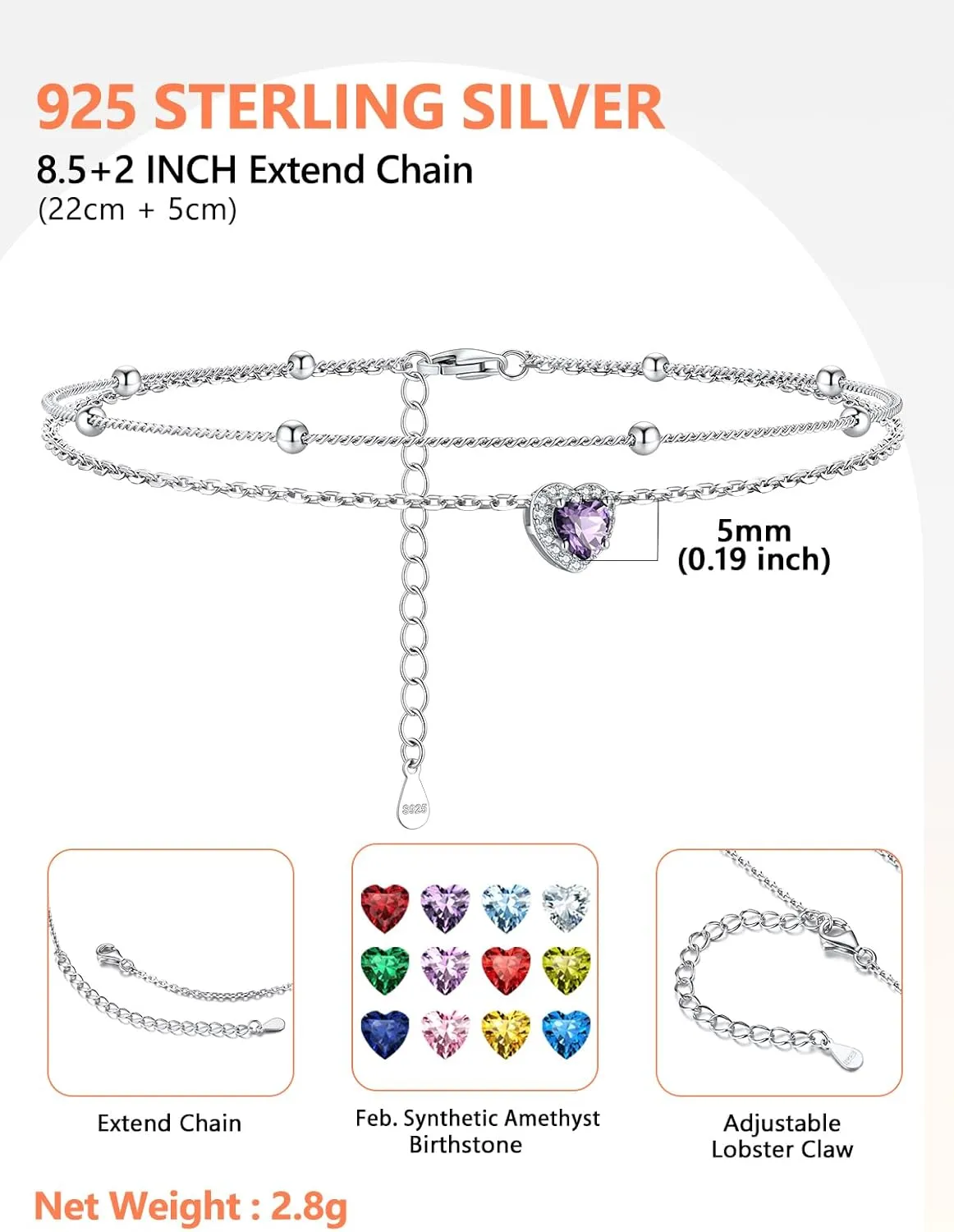 Silvora 925 Sterling Silver Birthstone Ankle Bracelet for Women - Adjustable Double-Layer Sparkling Heart Zircon Anklet Beach Jewelry for Summer