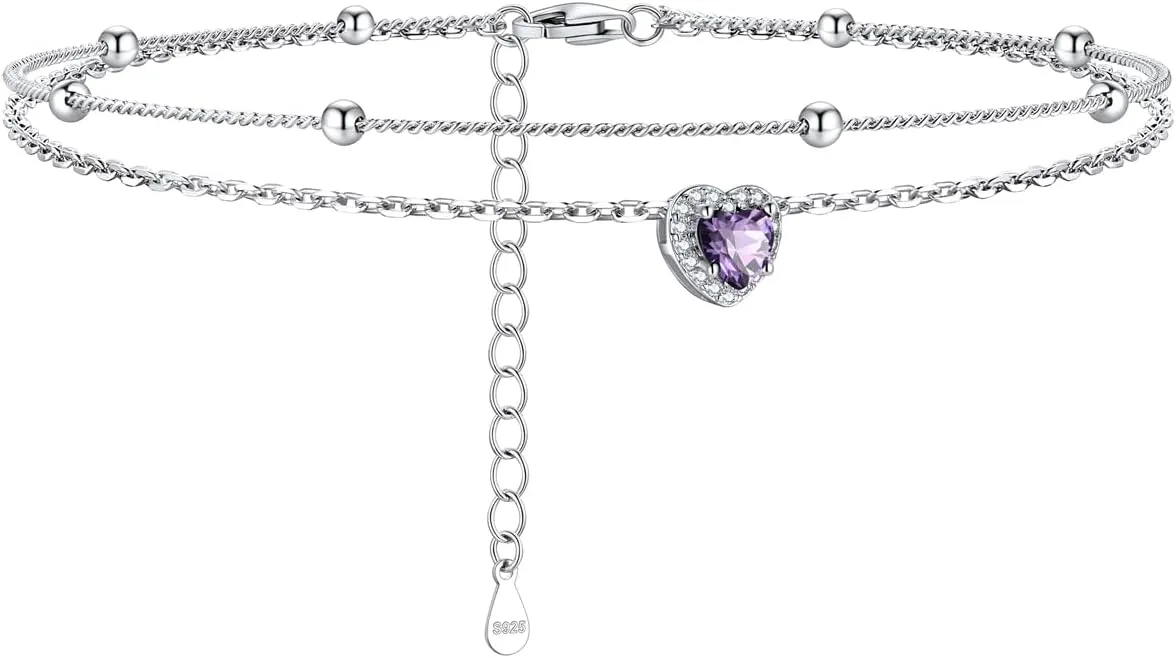 Silvora 925 Sterling Silver Birthstone Ankle Bracelet for Women - Adjustable Double-Layer Sparkling Heart Zircon Anklet Beach Jewelry for Summer