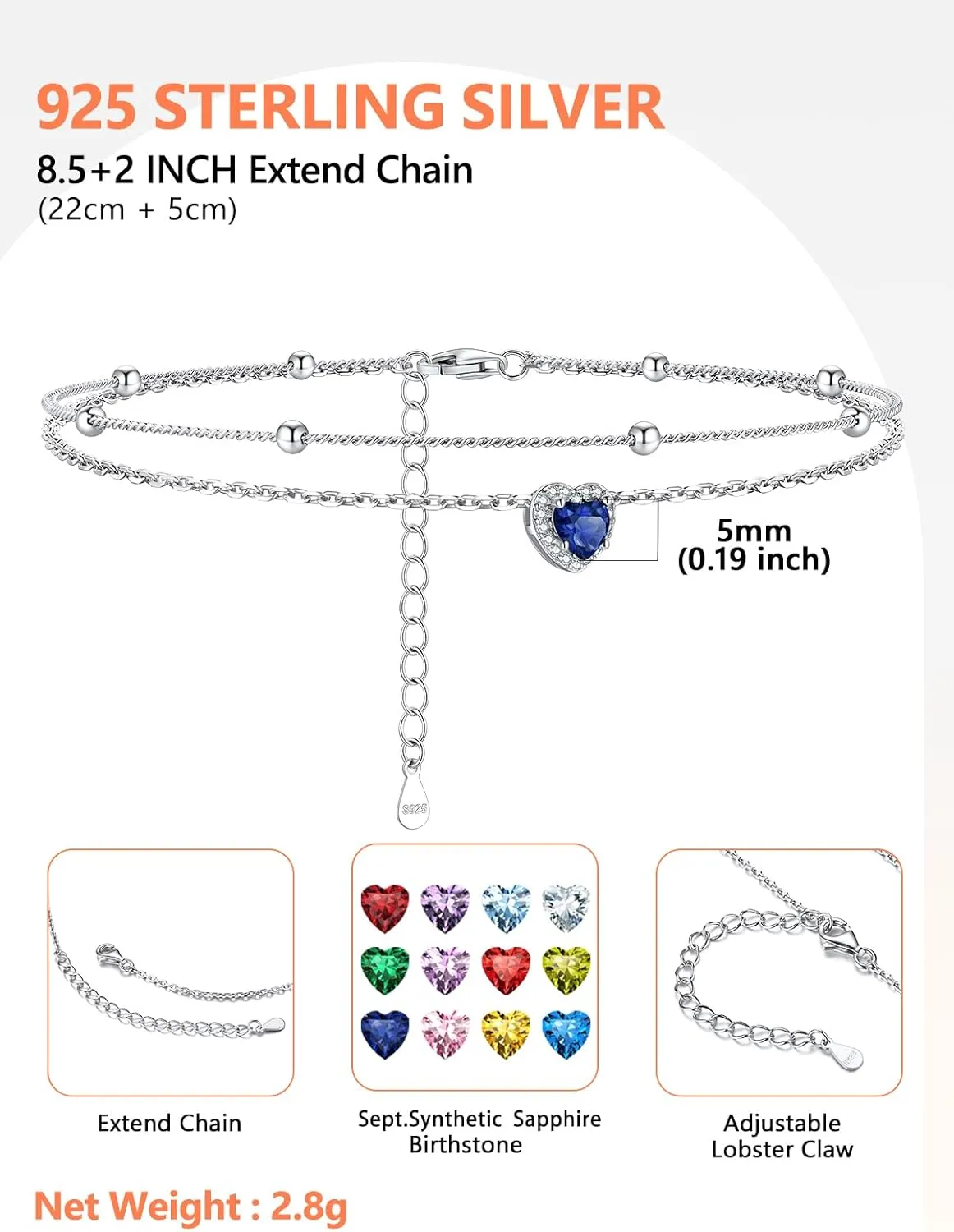 Silvora 925 Sterling Silver Birthstone Ankle Bracelet for Women - Adjustable Double-Layer Sparkling Heart Zircon Anklet Beach Jewelry for Summer