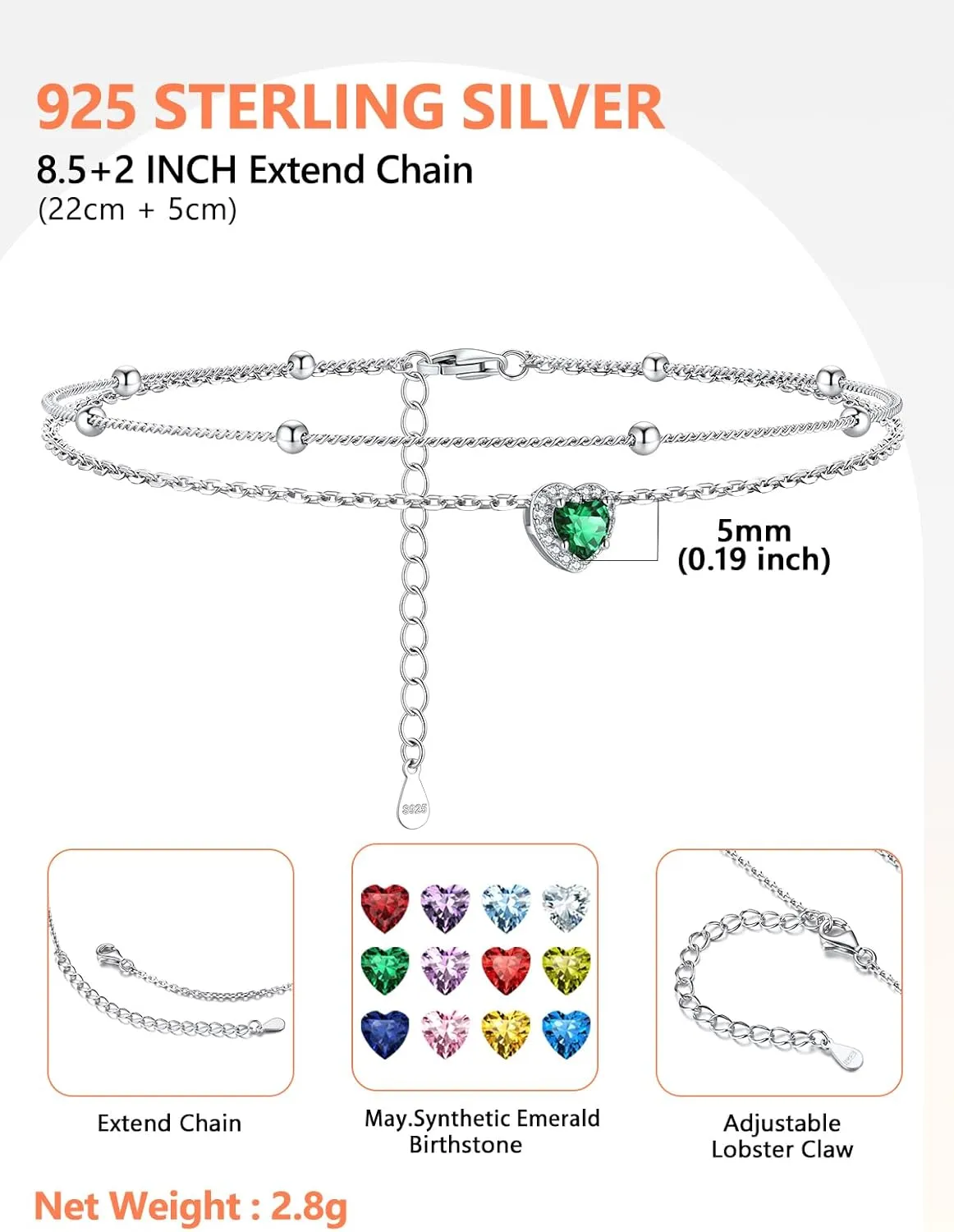 Silvora 925 Sterling Silver Birthstone Ankle Bracelet for Women - Adjustable Double-Layer Sparkling Heart Zircon Anklet Beach Jewelry for Summer
