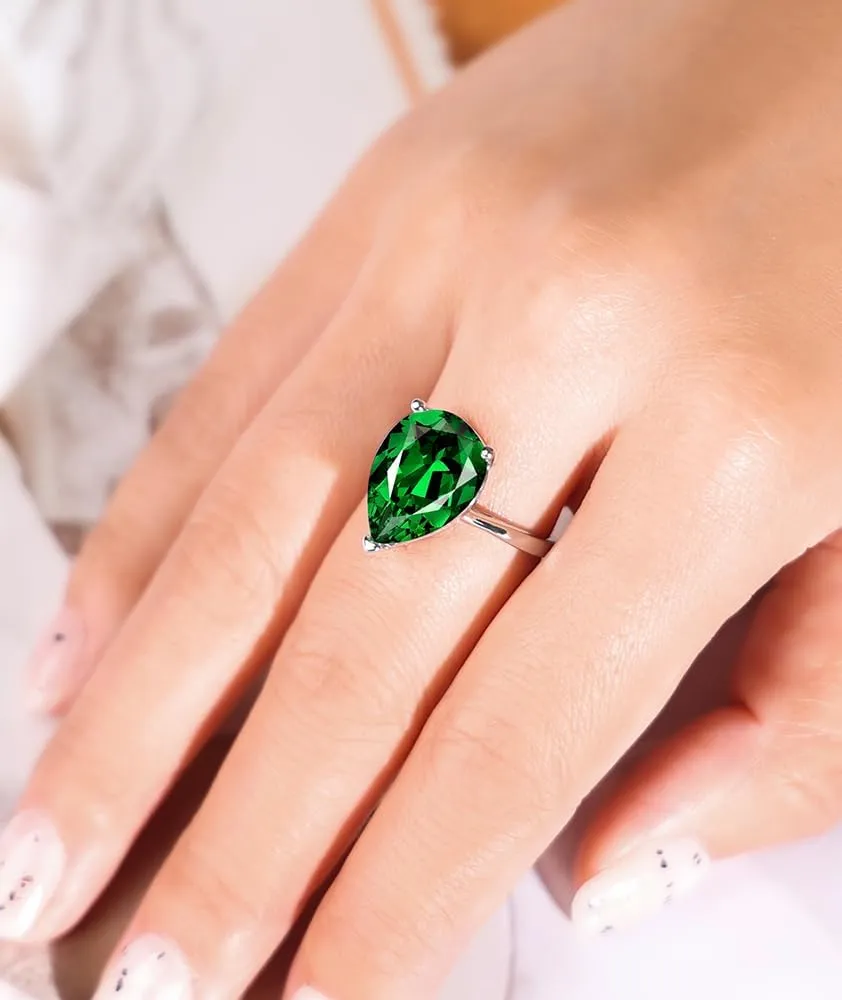 Simulated 12 * 16mm Gemstone Birthstone Adjustable Rings 925 Sterling Silver Plated Pear Cut Wedding Rings for Women, Engagement Rings for Women Birthday Jewelry Gifts