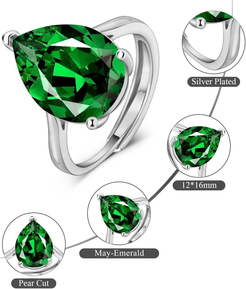 Simulated 12 * 16mm Gemstone Birthstone Adjustable Rings 925 Sterling Silver Plated Pear Cut Wedding Rings for Women, Engagement Rings for Women Birthday Jewelry Gifts