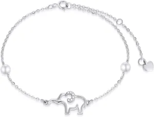 SISGEM 14k White Gold Elephant Anklet for Women, Real Gold Pearl Lucky Jewelry Ankle Bracelets Gifts for Sister/Wife, Present for Her, 8.6" 0.8" 0.8"