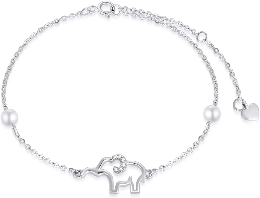 SISGEM 14k White Gold Elephant Anklet for Women, Real Gold Pearl Lucky Jewelry Ankle Bracelets Gifts for Sister/Wife, Present for Her, 8.6" 0.8" 0.8"