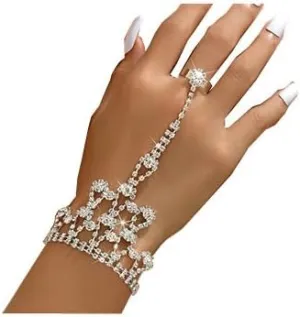 Sither Bracelets with Ring for Women Crystal Chain Ring Bracelet Hand Harness Chain Bracelet Jewelry for Halloween Prom Party Christmas