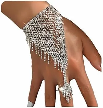 Sither Bracelets with Ring for Women Crystal Chain Ring Bracelet Hand Harness Chain Bracelet Silver Jewelry for Halloween Prom Party Christmas