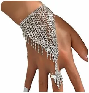 Sither Bracelets with Ring for Women Crystal Chain Ring Bracelet Hand Harness Chain Bracelet Silver Jewelry for Halloween Prom Party Christmas