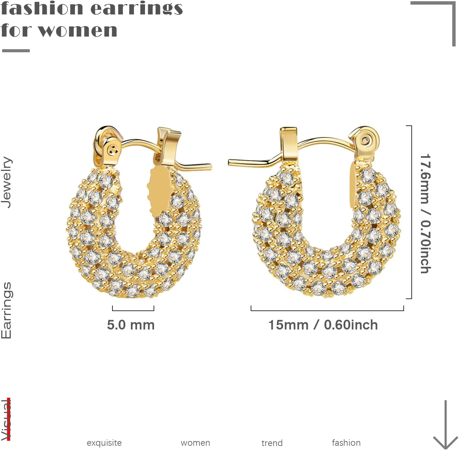 Small Chunky Hoop Earrings, Gold Plated Small Lightweight Cubic Zirconia Hoop Earrings for Women, Size: 15mm, 22mm