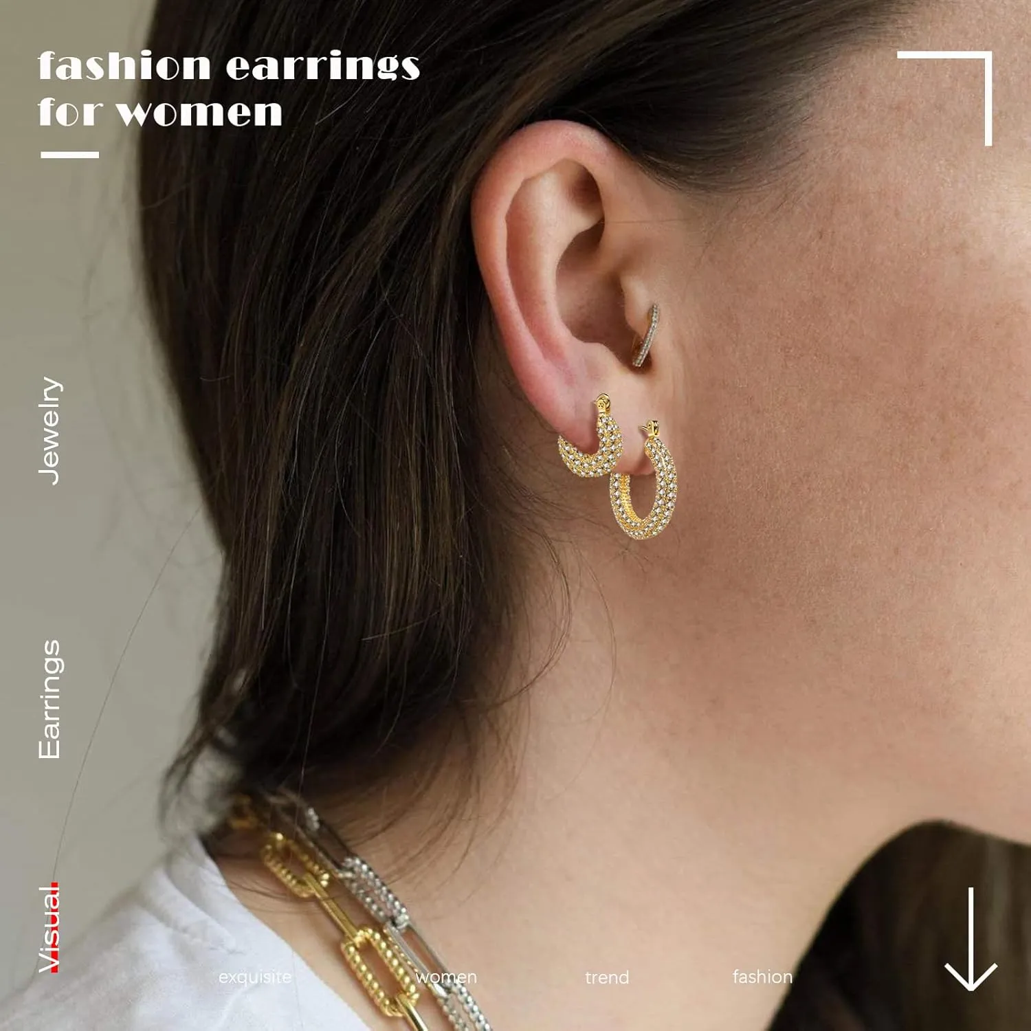 Small Chunky Hoop Earrings, Gold Plated Small Lightweight Cubic Zirconia Hoop Earrings for Women, Size: 15mm, 22mm