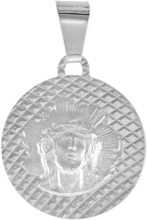 Small Sterling Silver Jesus Medal Pendant for Men and Women Sparkling Diamond cut Aureola Background 5/8 inch Round