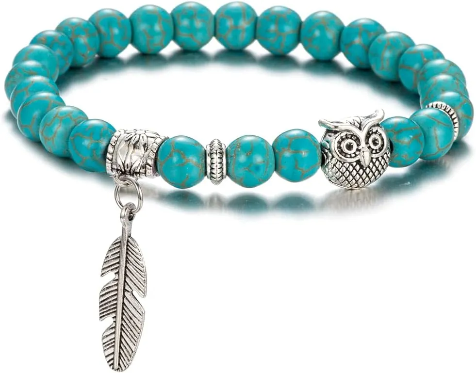 Softones 8mm Beads Owl Bracelets for Women Handmade Natural Stone Owl Gifts for Women Crystals Bracelet for Women Men Spiritual Energy Bracelet