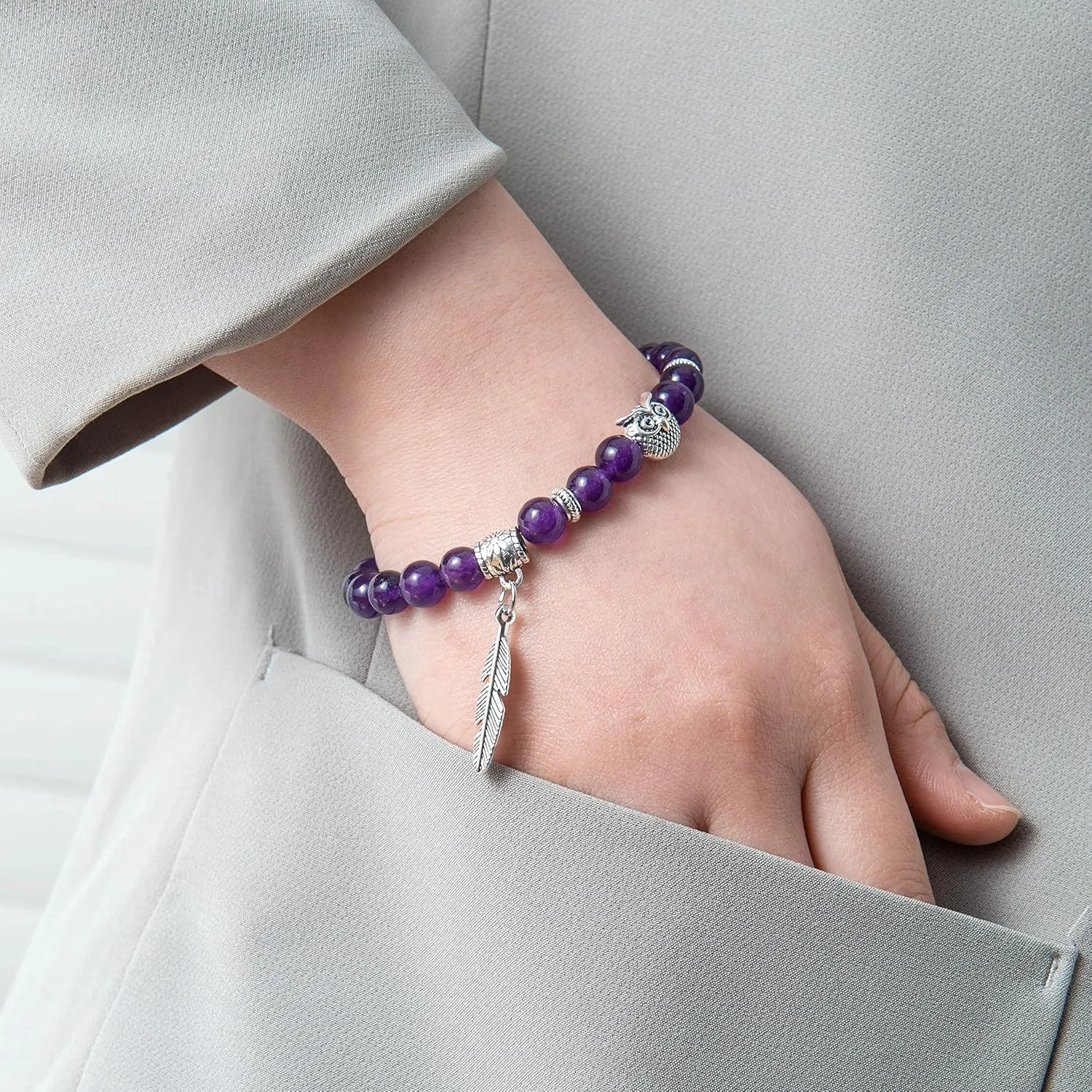 Softones 8mm Beads Owl Bracelets for Women Handmade Natural Stone Owl Gifts for Women Crystals Bracelet for Women Men Spiritual Energy Bracelet